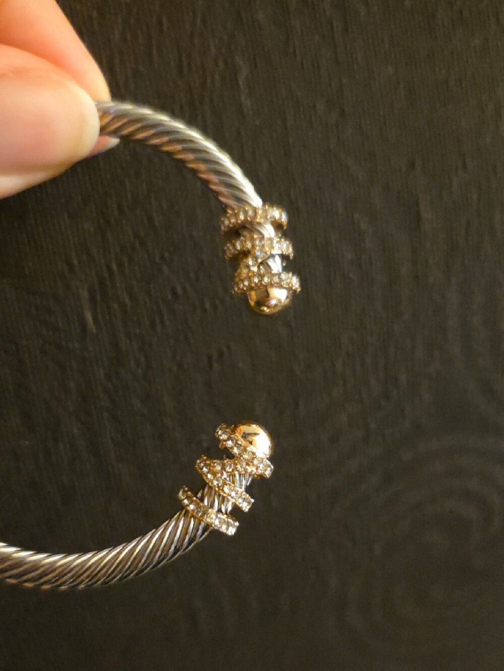 Gold Tone and Silver Tone Cable Cuff Bangle Rope Bracelet Pave Crystal Accents - Picture 6 of 8